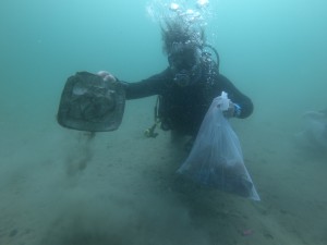 Diver collecting debris