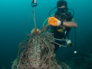 Ghost net being brought to the surface