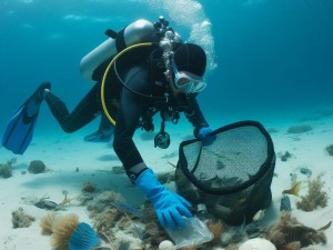 Diver diving against debris.