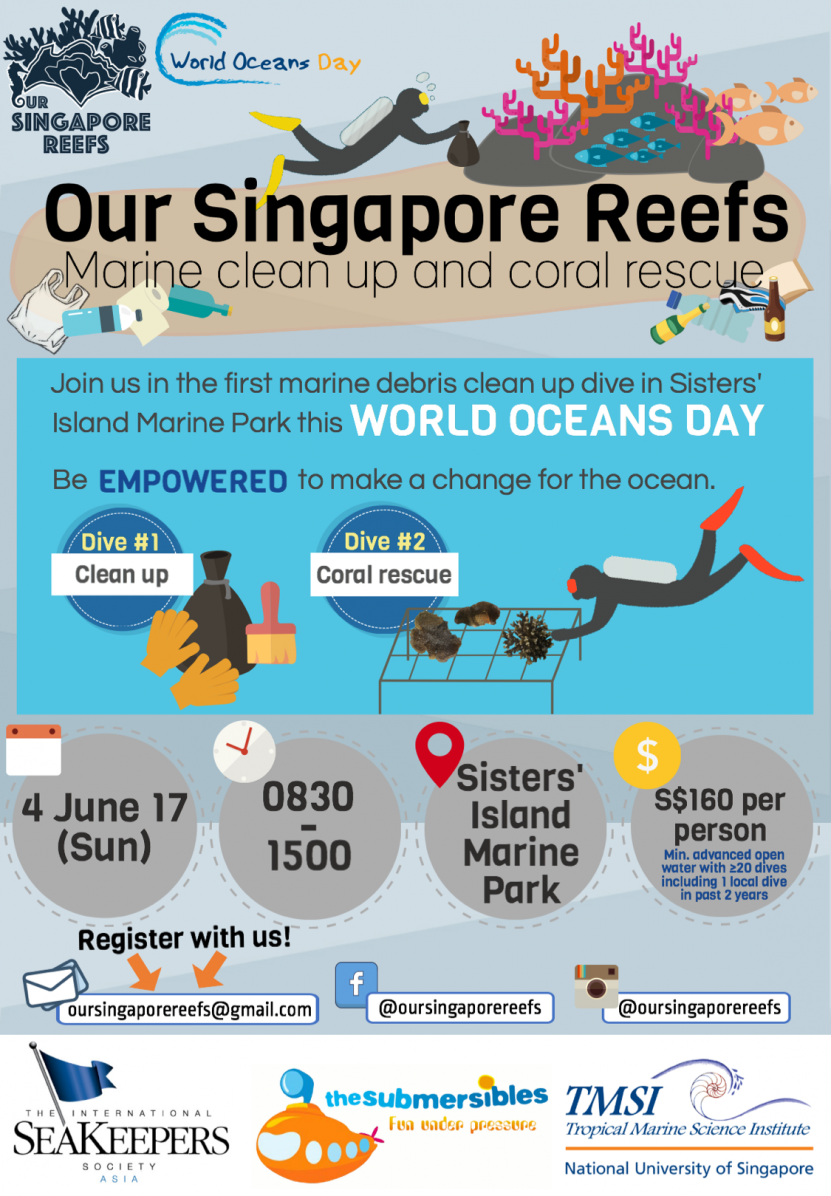 To commemorate World Oceans Day 2017, we organised Our Singapore Reefs: Marine Clean Up and Coral Rescue to create awareness for our very own reefs. Participants will help to clean up marine debris in Sisters' Island Marine Park and team up with local marine biologists to rescue our corals.