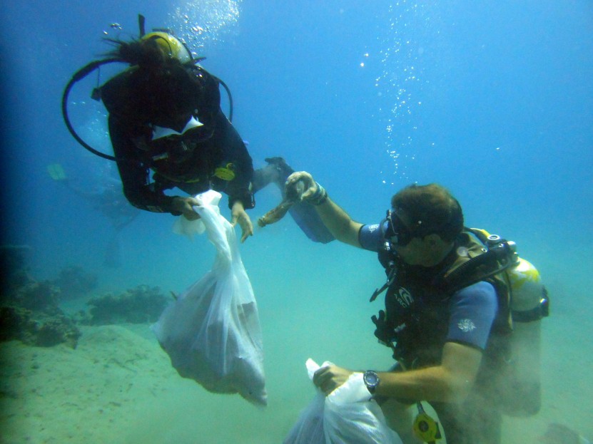 two divers collect debris