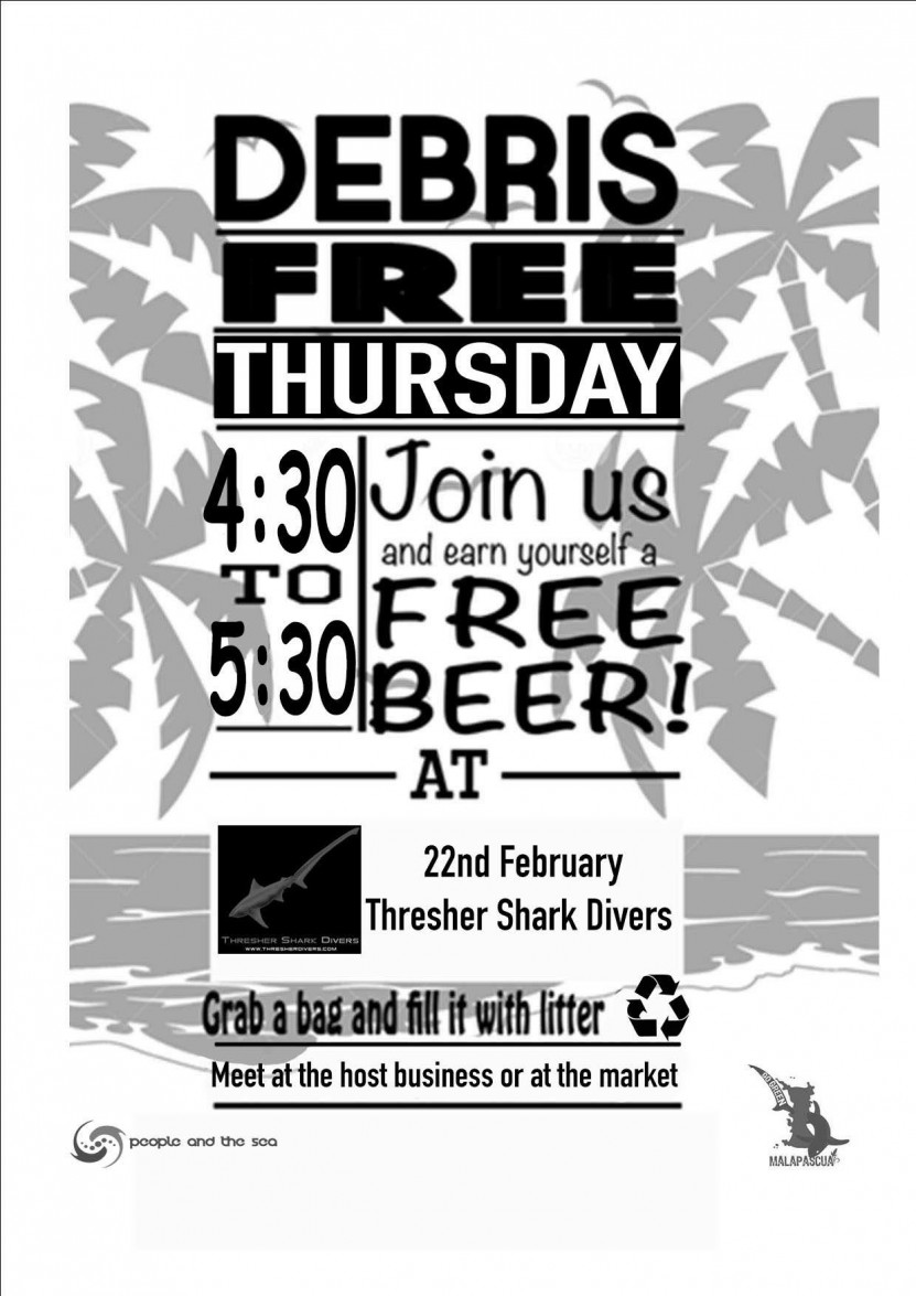 The first ever Debris Free Thursday on Malapascua is happening this Thursday and we are proud to be hosting it  at Thresher Shark Divers!    Everyone on the island is welcome to join us on this cleanup, there will be locals, schoolchildren, and divers galore!    Come and join us at TSD at 4.30pm at Thursday! Free beer or soda for participation :)