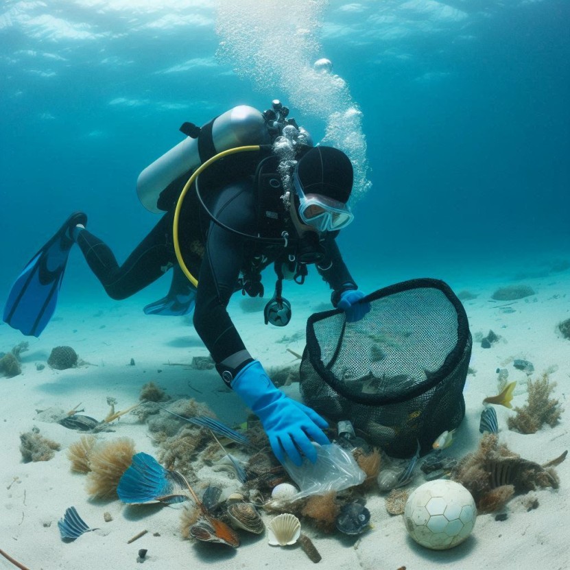 diver diving against debris