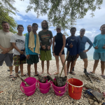 The divers standing next to the debris collected.